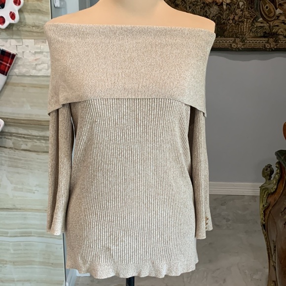 New York & Co. 7th Avenue‎ Tan Off Shoulder Wide Layered Ribbed Sweater Size M - Picture 2 of 7